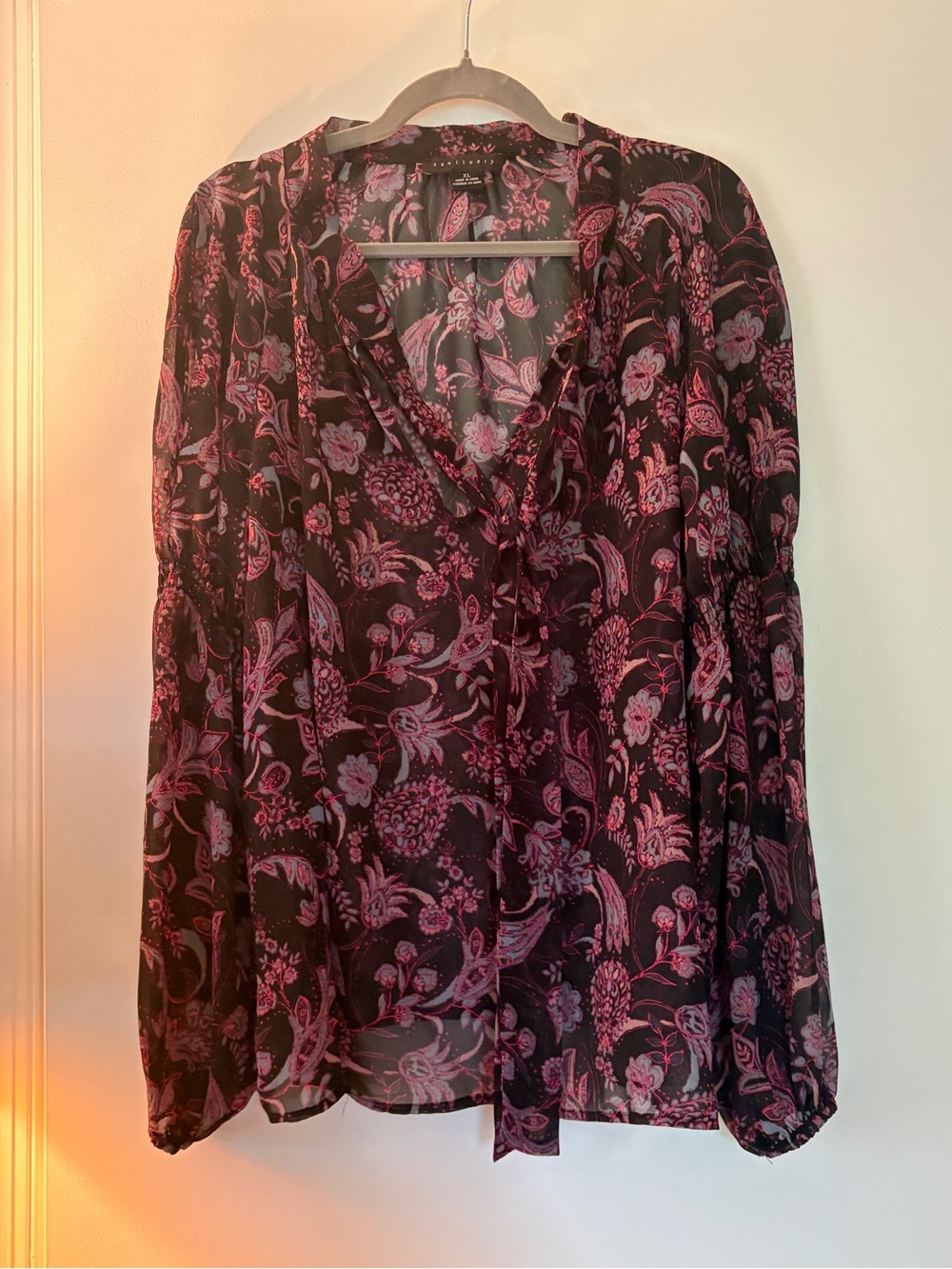 Sanctuary Black Blouse with Pink Floral Tie-Neck